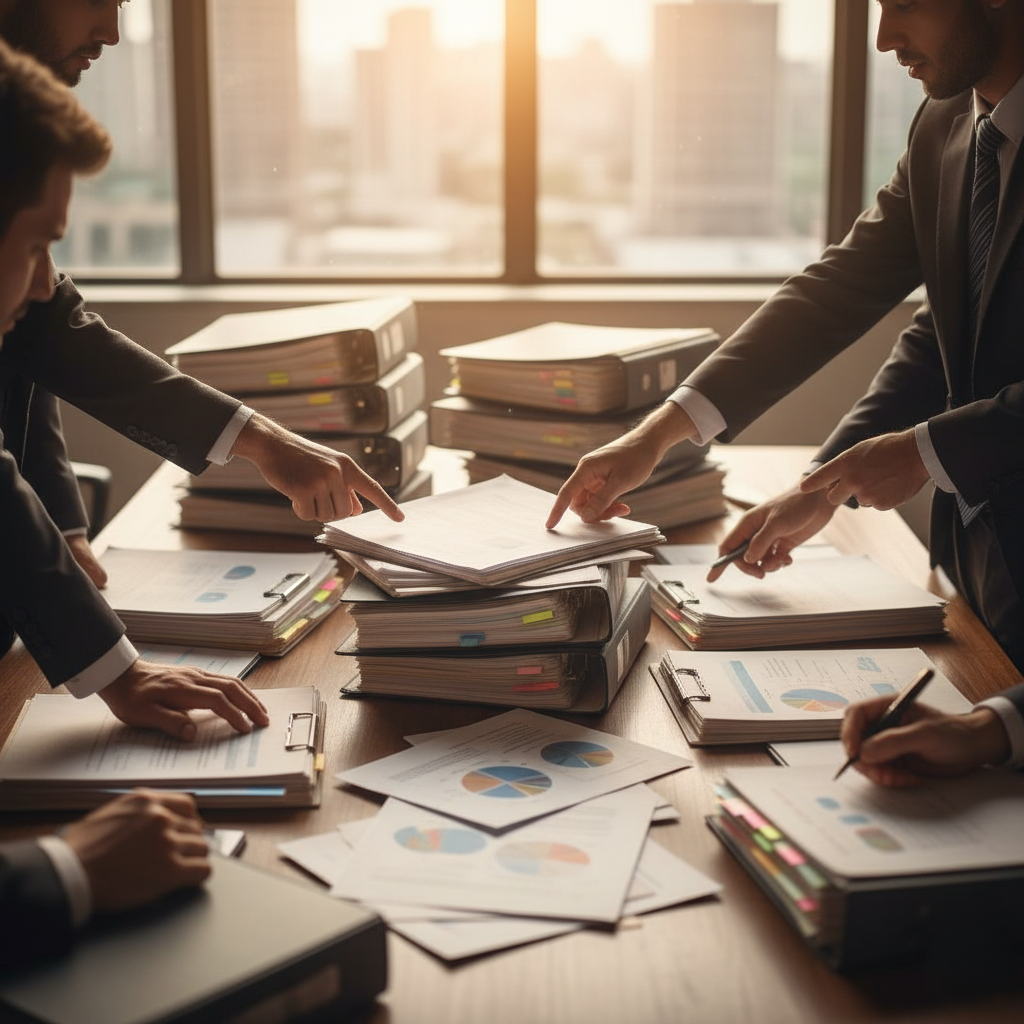 A group of people at a conference table in an office going over documents, books, and paperwork