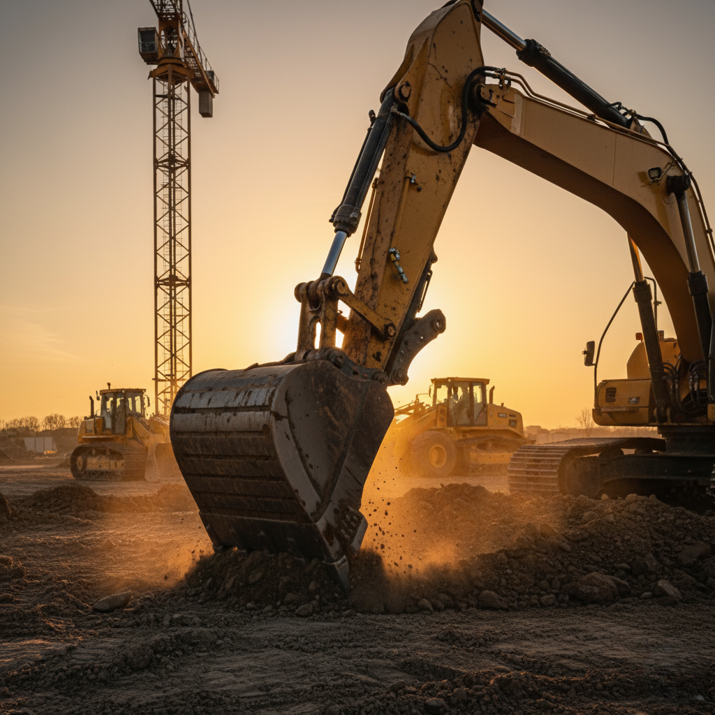 A crane, backhoe and other heavy equipment at work on a construction site