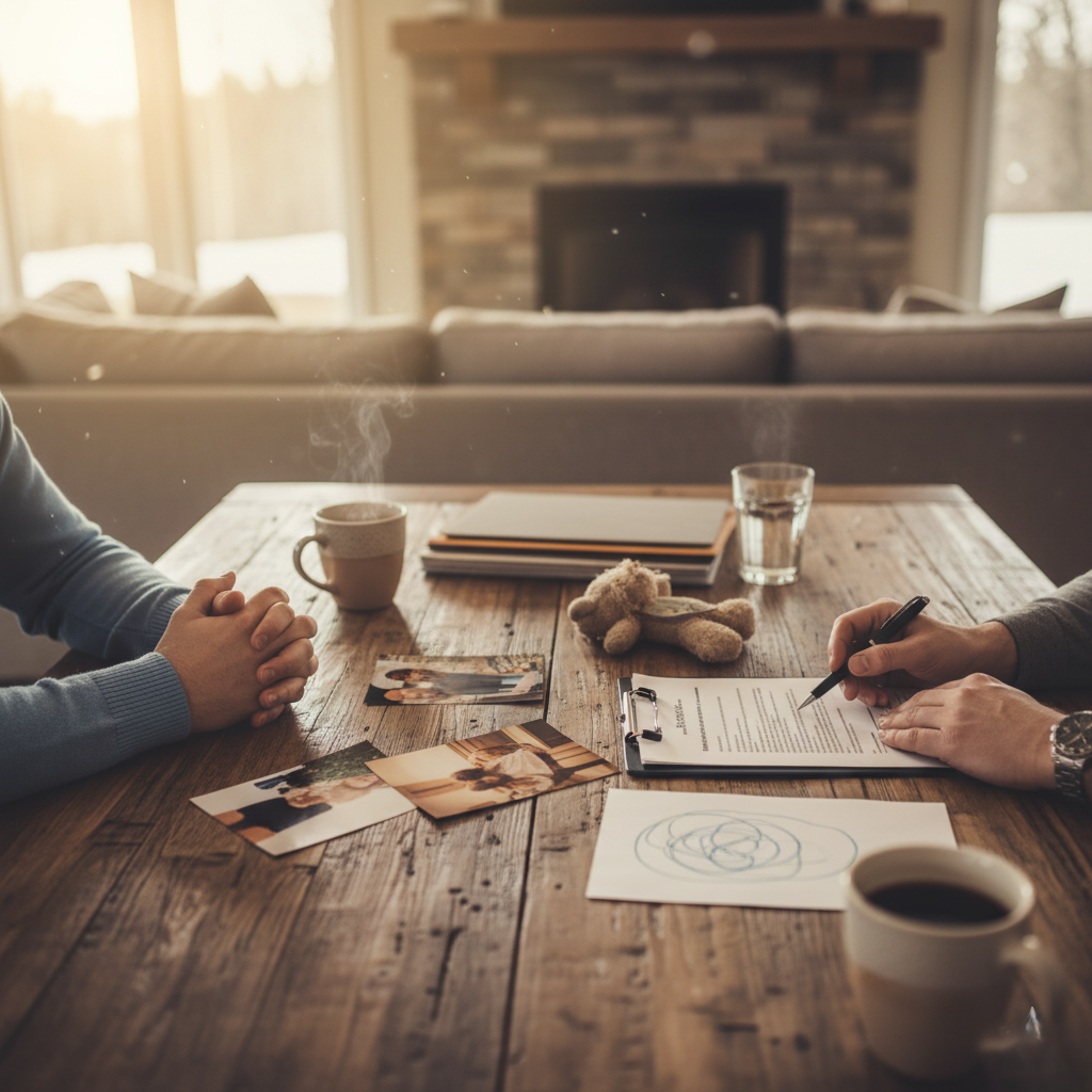 Two people at a home dining table looking over legal paperwork with children's items and coffee cups around the table