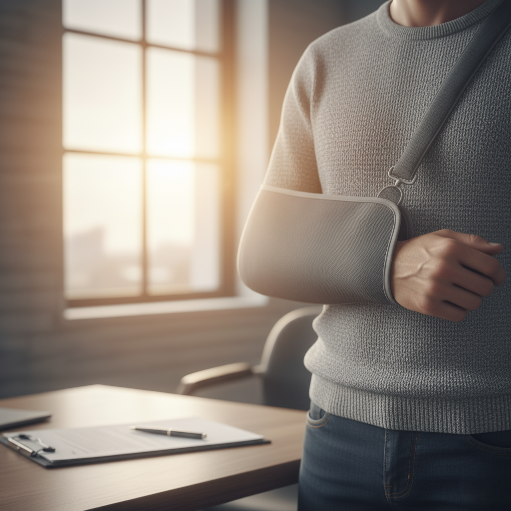 A person with their arm in a sling stands next to a table with paperwork on it