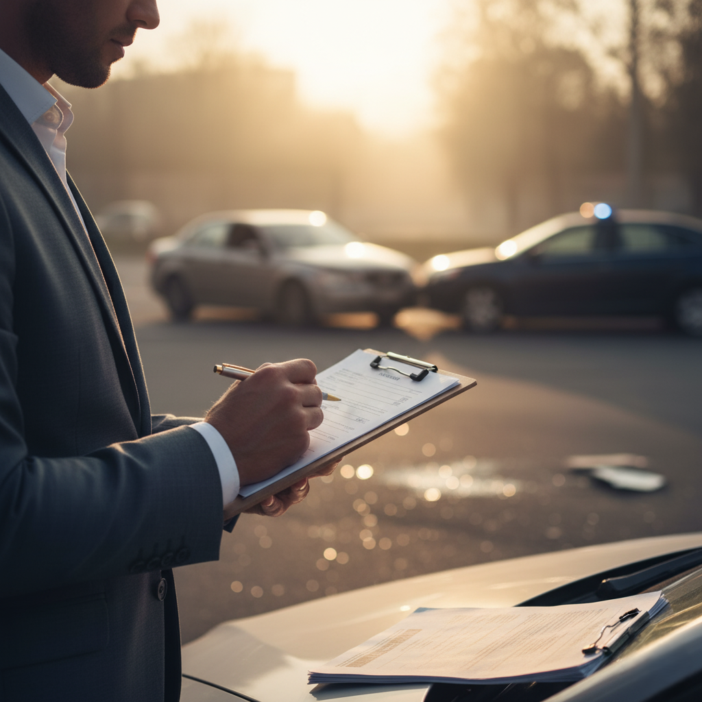 An insurance adjuster surveys the scene of a car accident while writing on a clipboard