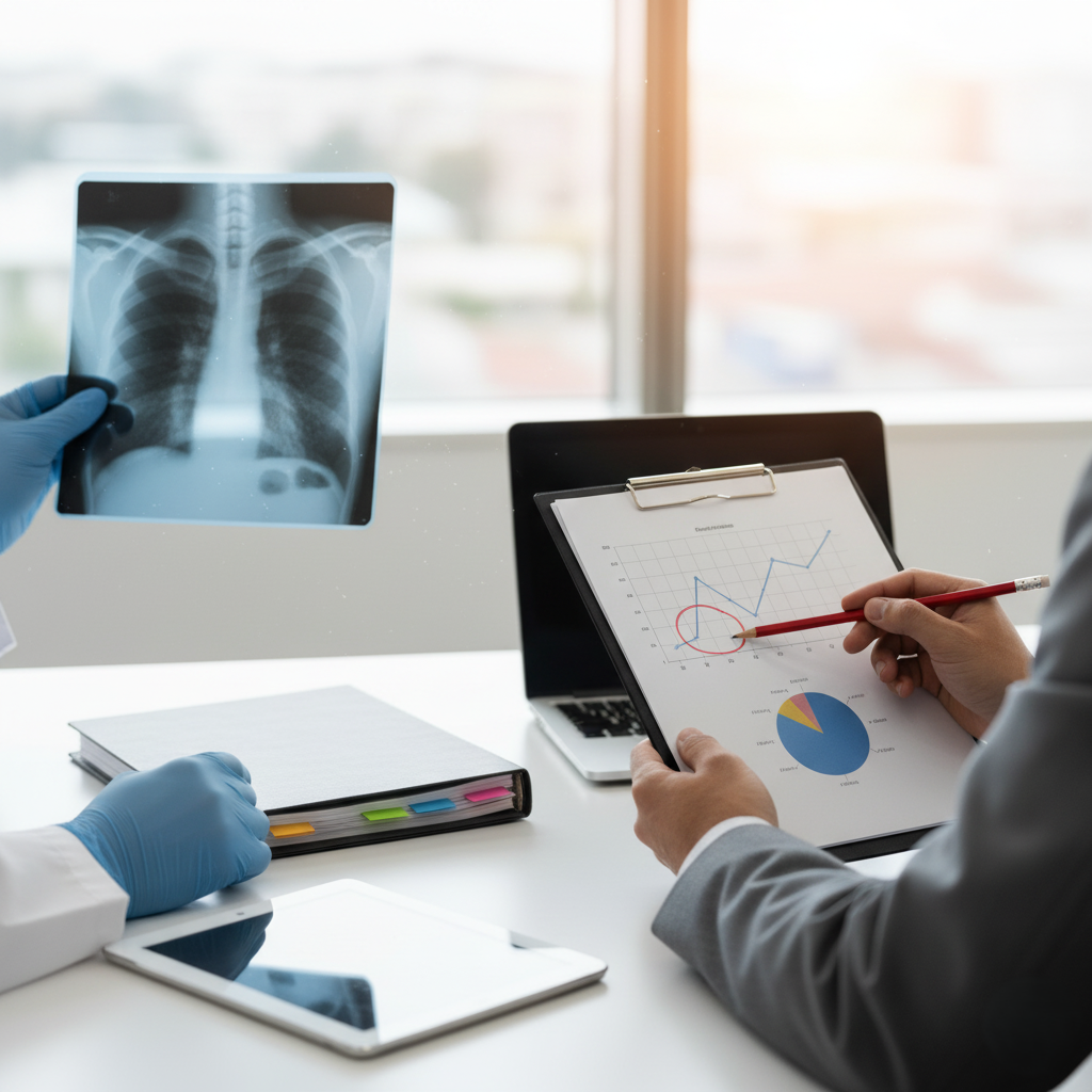 A person reviews a clipboard and x-rayd