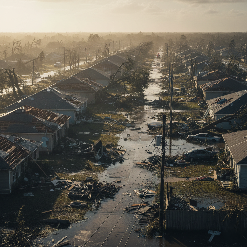 A street of homes that have been destroyed after a natural disaster